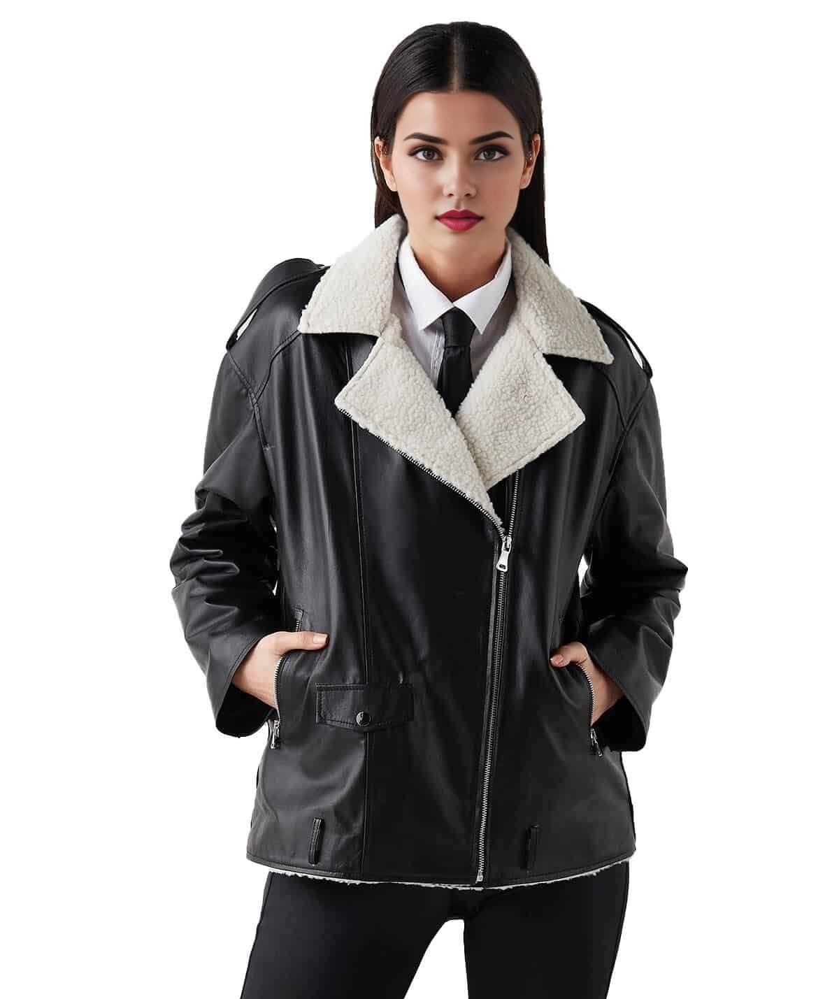 Andrea Black Fur Leather Jacket For Women