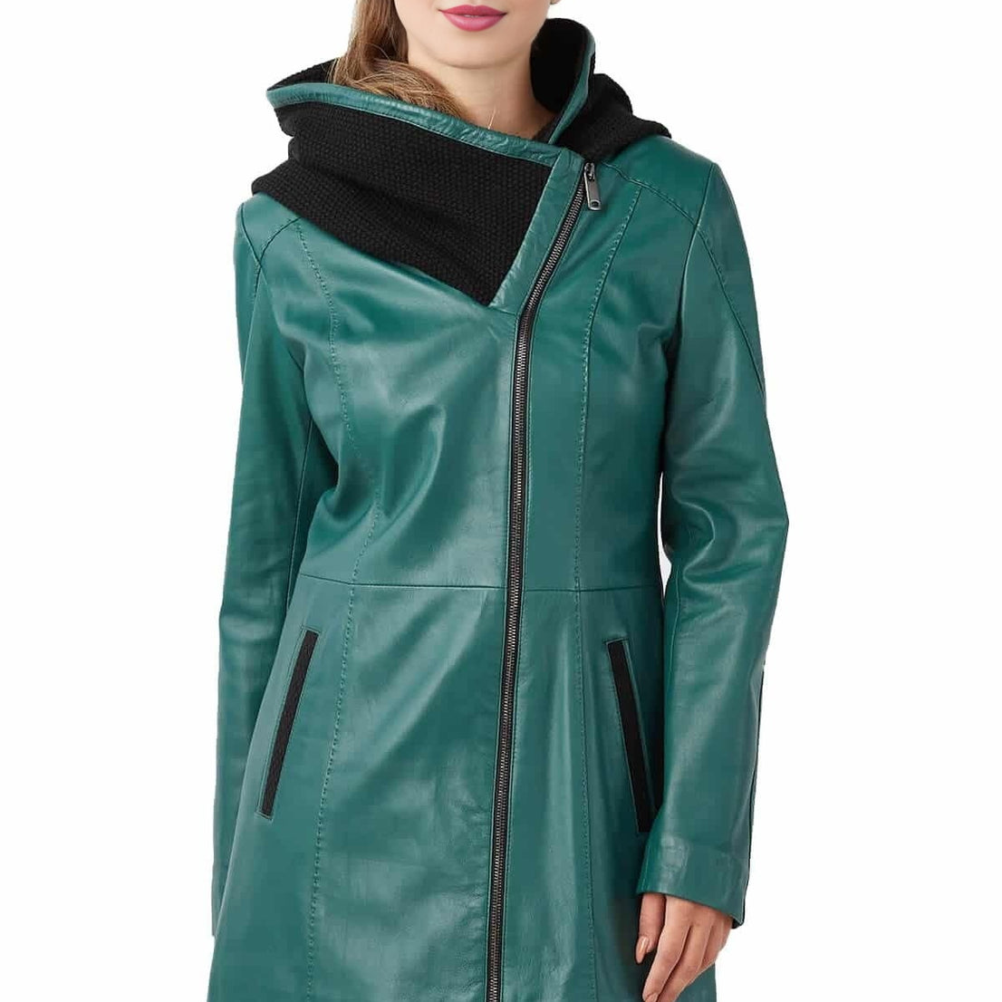 Kienna Turquoise Trench Leather Coat For Women