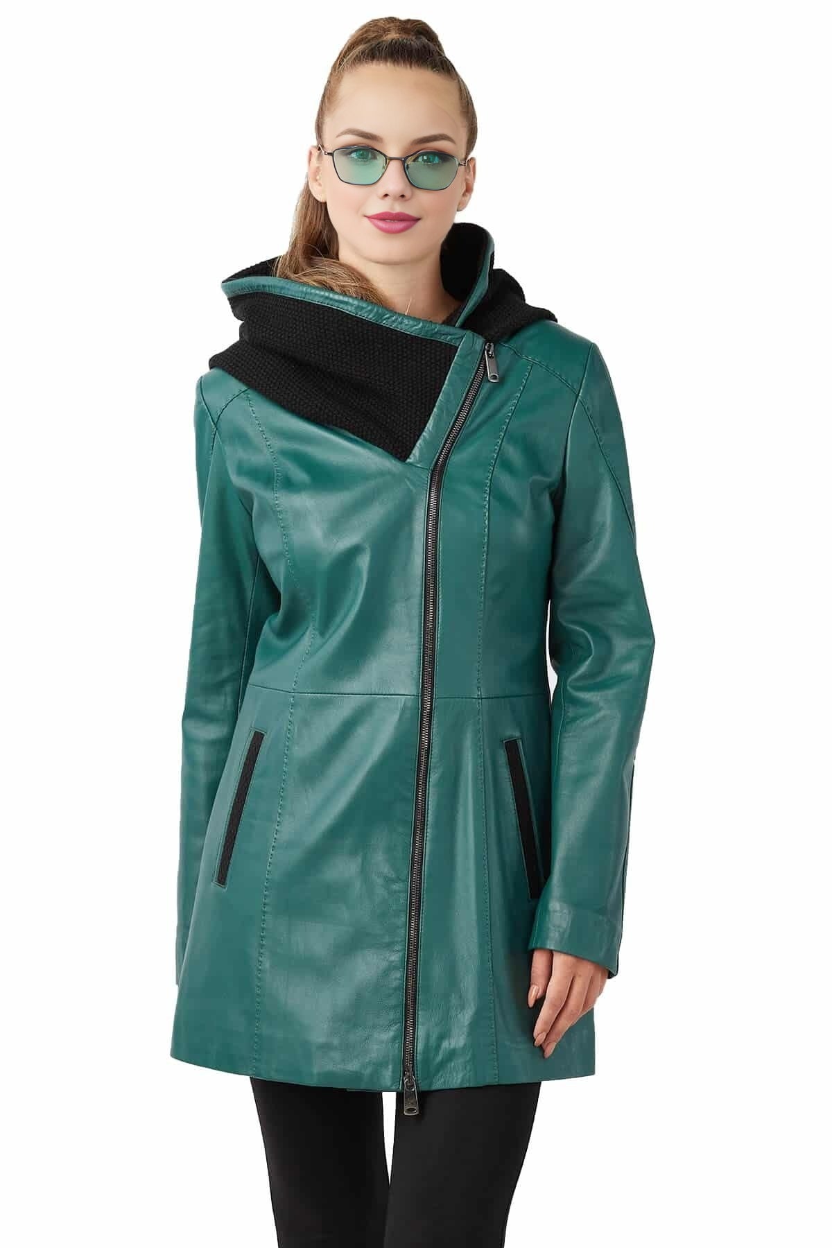 Kienna Turquoise Trench Leather Coat For Women