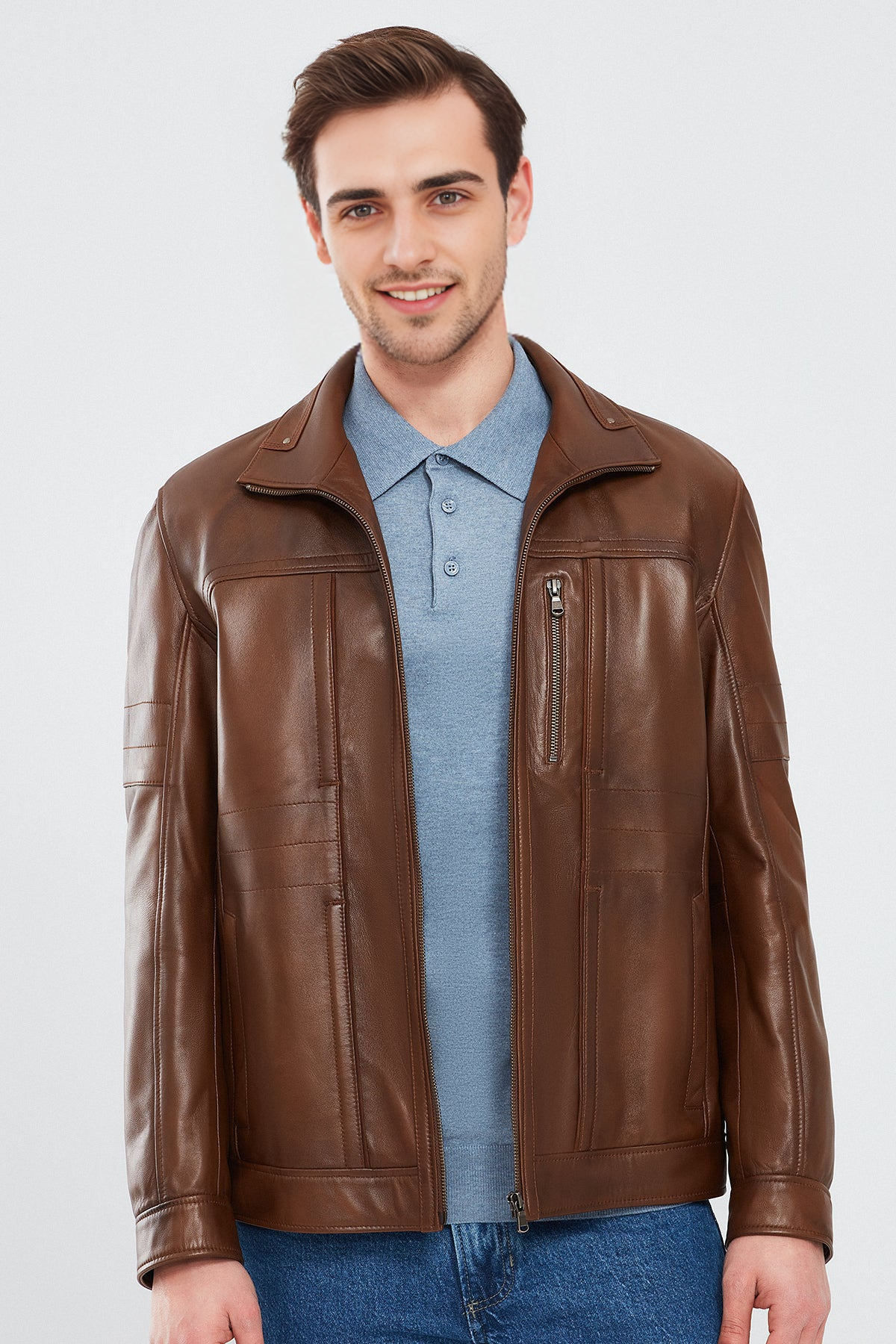 Bruno Cognac Brown Leather Jacket For Men