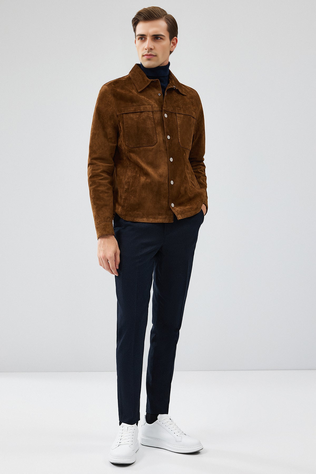 Enzo Brown Shirt Collar Suede Leather Coat For Men