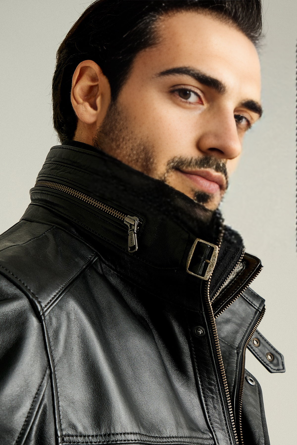 Eduardo Black Double Collar Furry Leather Coat For Men