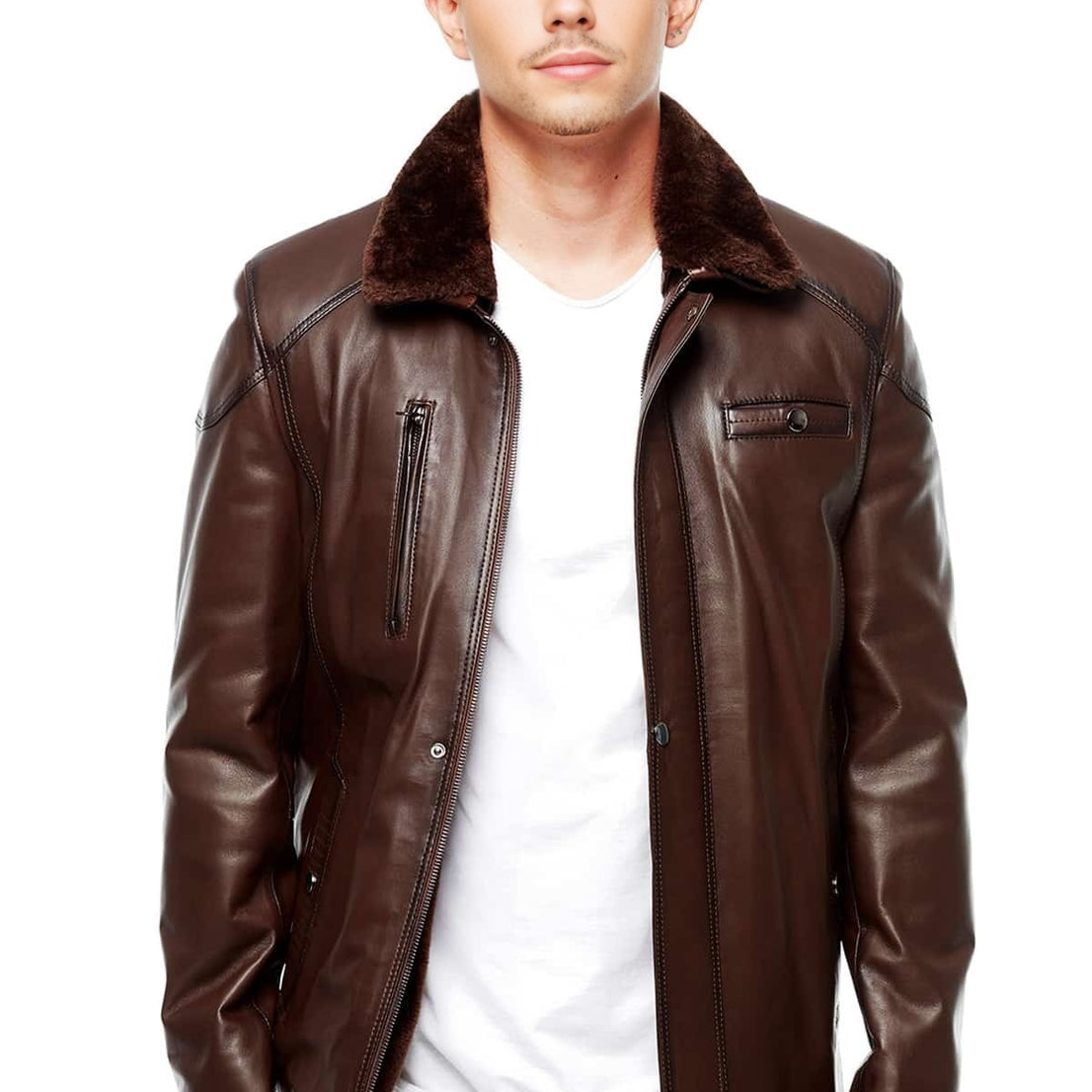 Bruce Brown Fur Collar Leather Jacket For Men