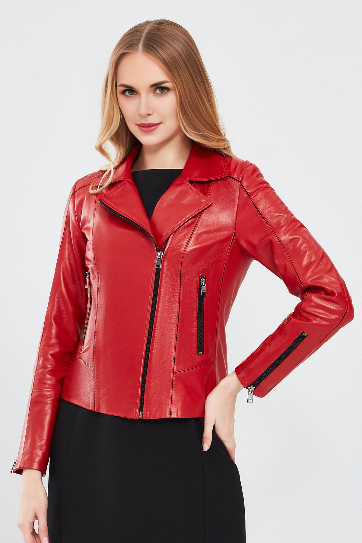 Kiara Red Slim-Fit Biker Leather Jacket For Women