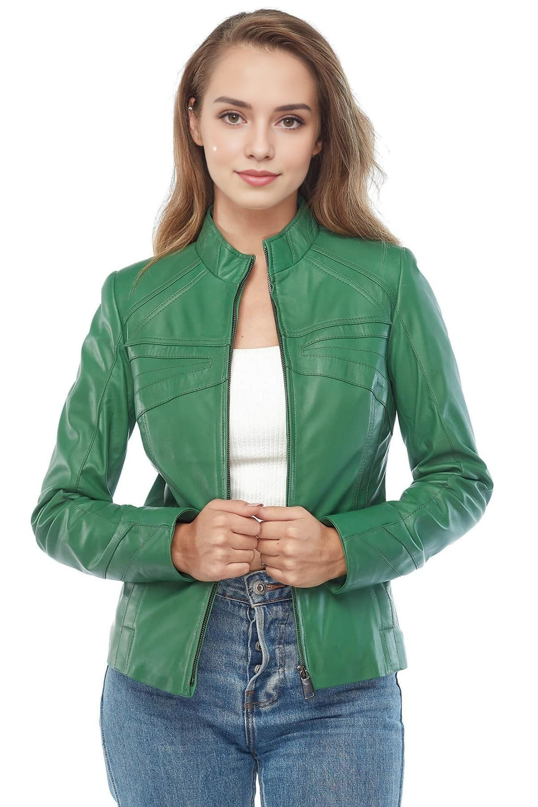 Melody Green Biker Leather Jacket For Women
