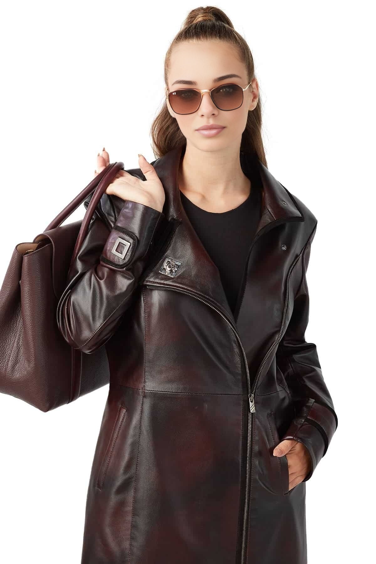 Alexis Dark Brown Waxed Leather Coat For Women