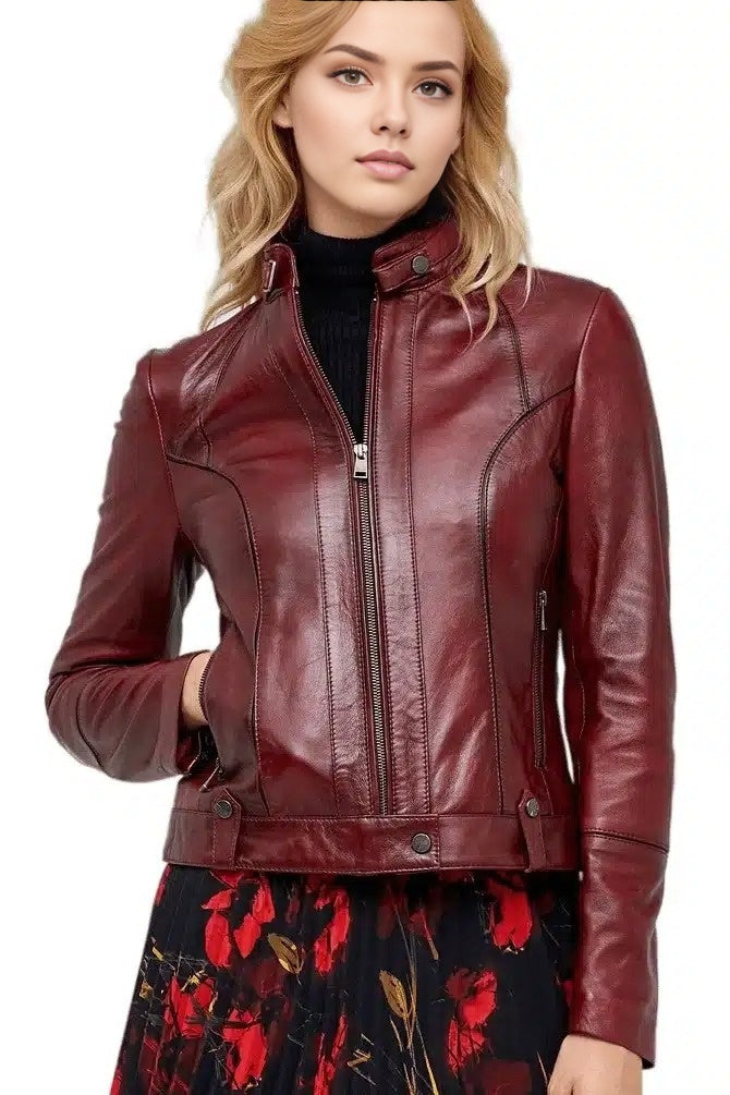 Kayla Dark Brown Biker Leather Jacket For Women
