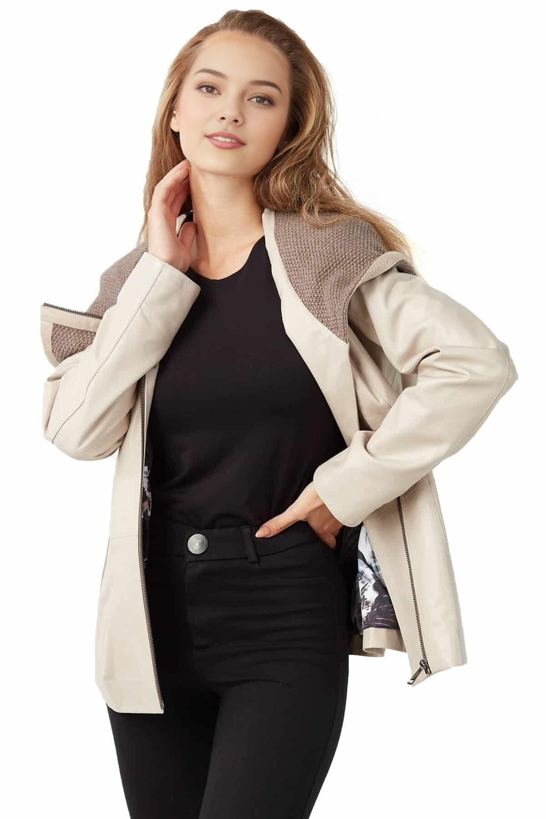 Martha Beige Tweed Hooded Leather Coat For Women