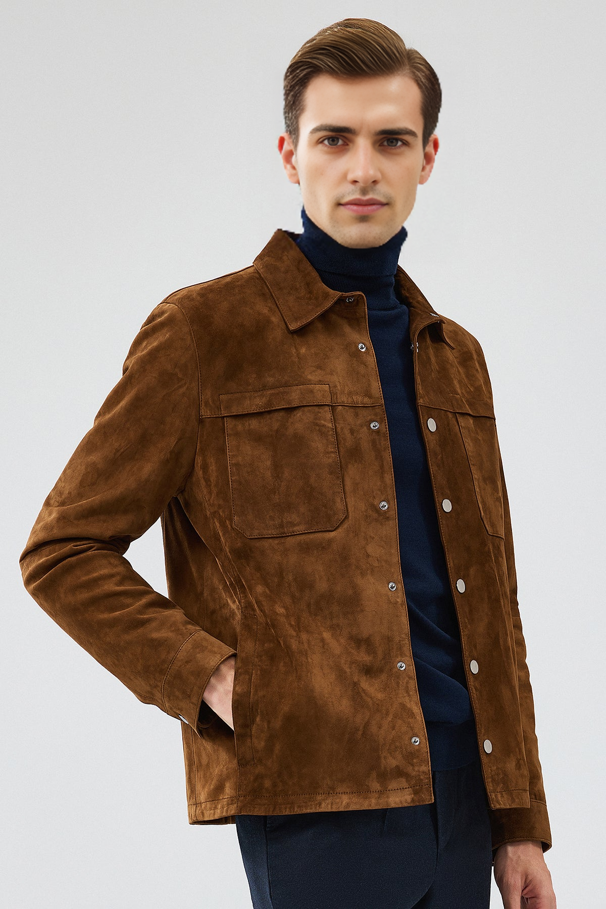 Enzo Brown Shirt Collar Suede Leather Coat For Men