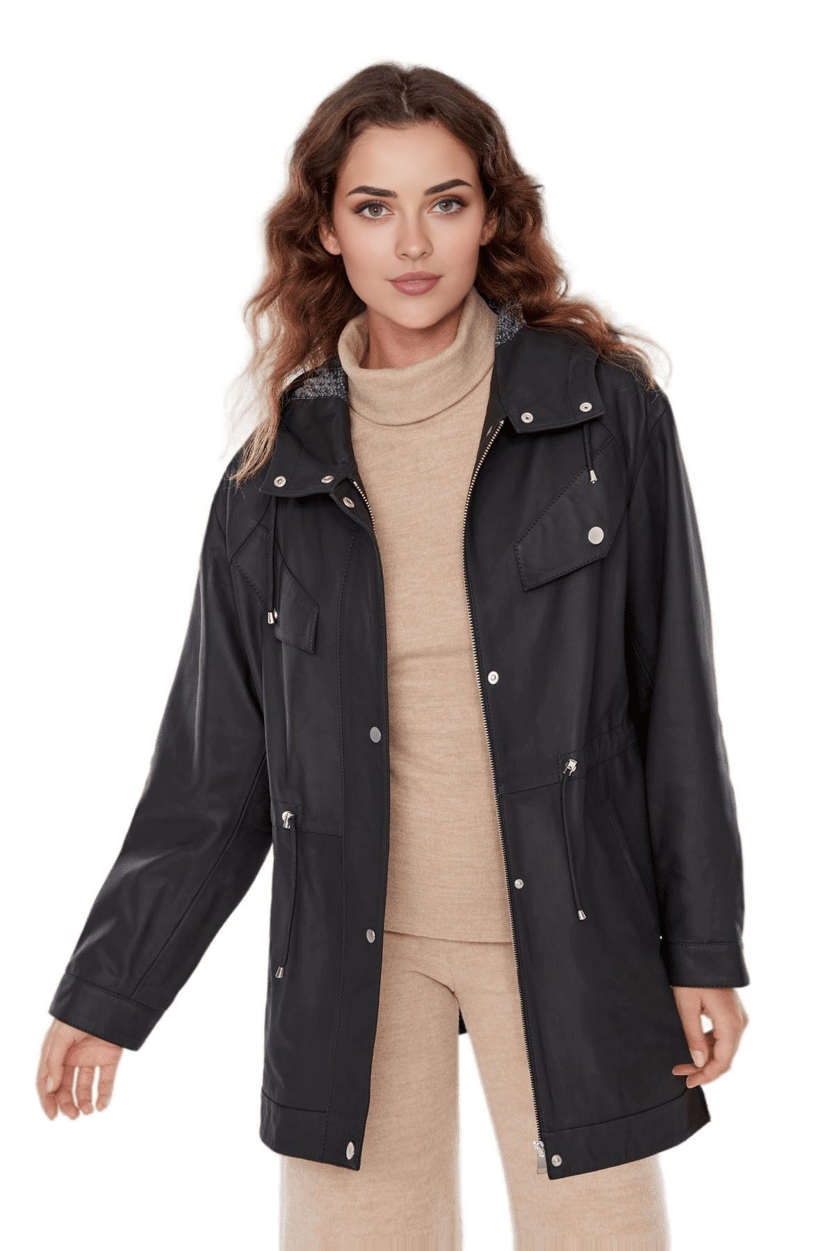 Teresa Black Leather Coat With Hoodie For Women