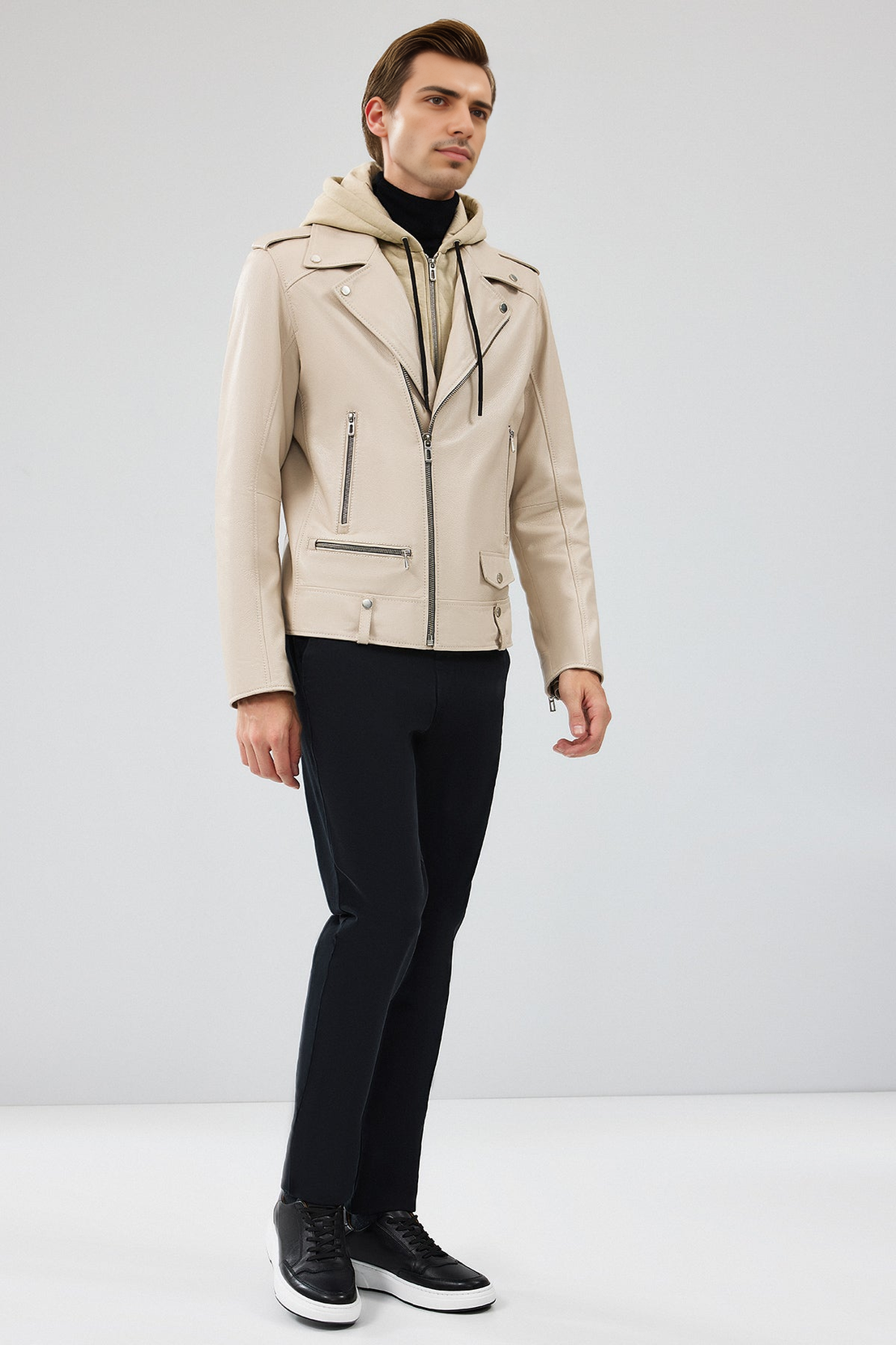 Butler Beige Hooded Biker Leather Jacket for Men