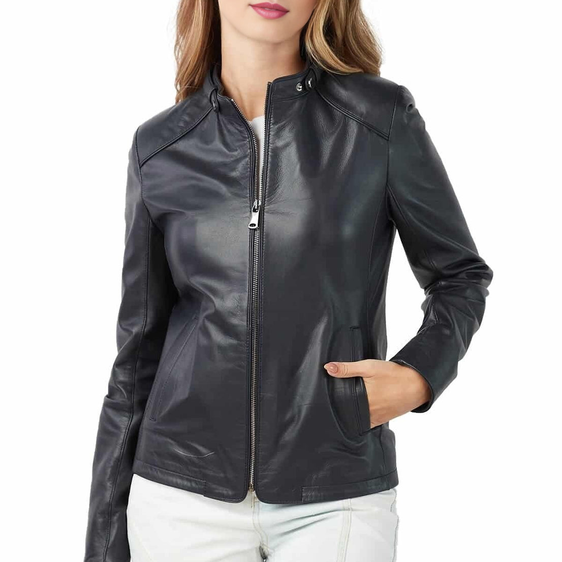 Megan Navy Blue Slim Fit Leather Jacket For Women