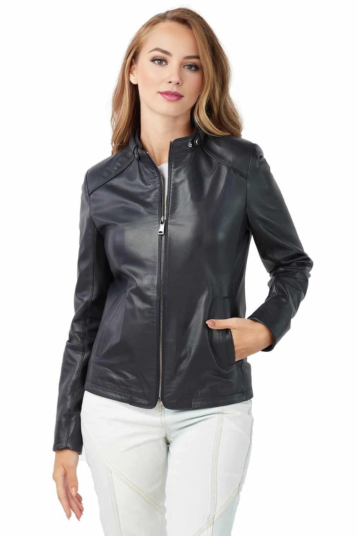 Megan Navy Blue Slim Fit Leather Jacket For Women