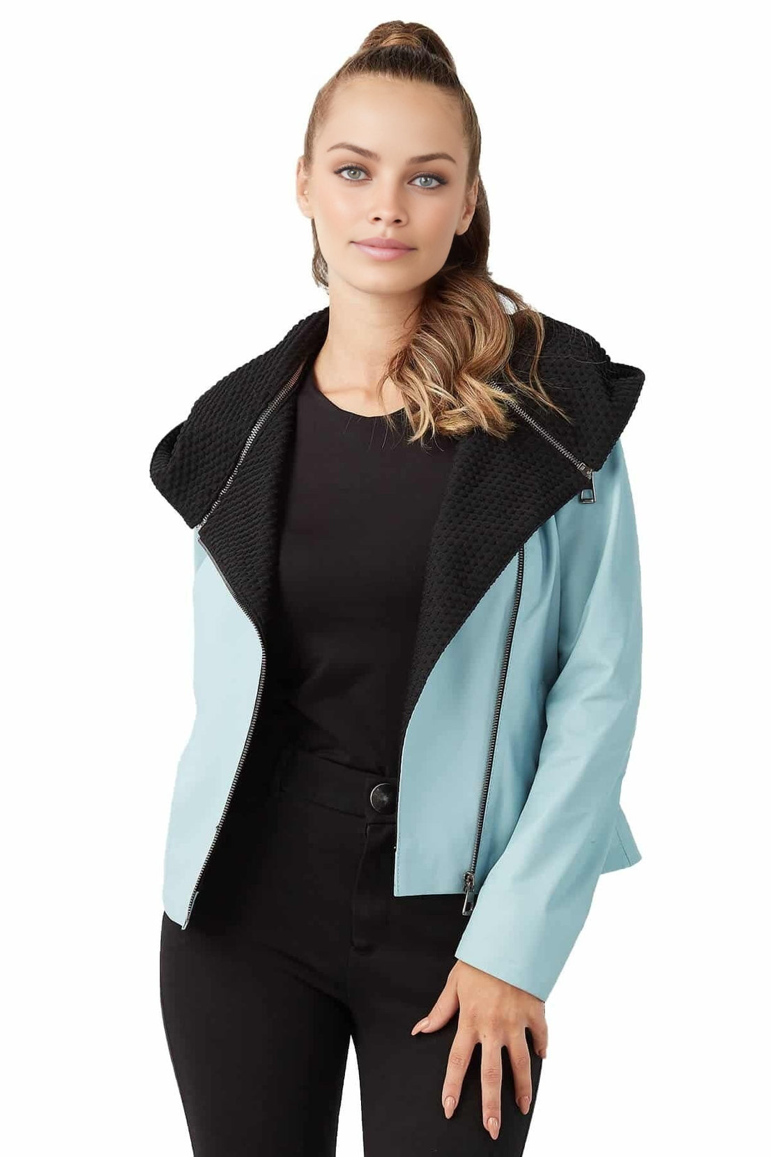 Aria Pastel Blue Leather Jacket For Women With Hoodie