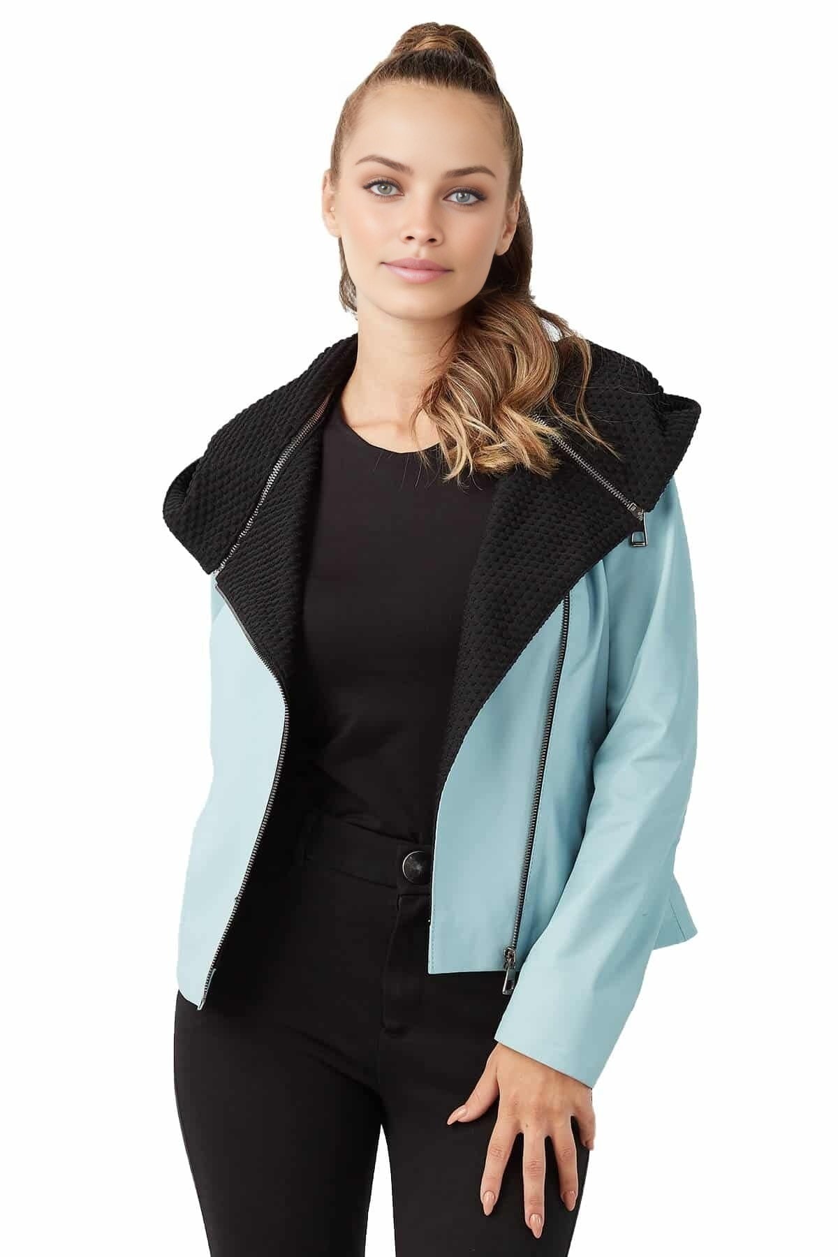 Aria Pastel Blue Leather Jacket For Women With Hoodie