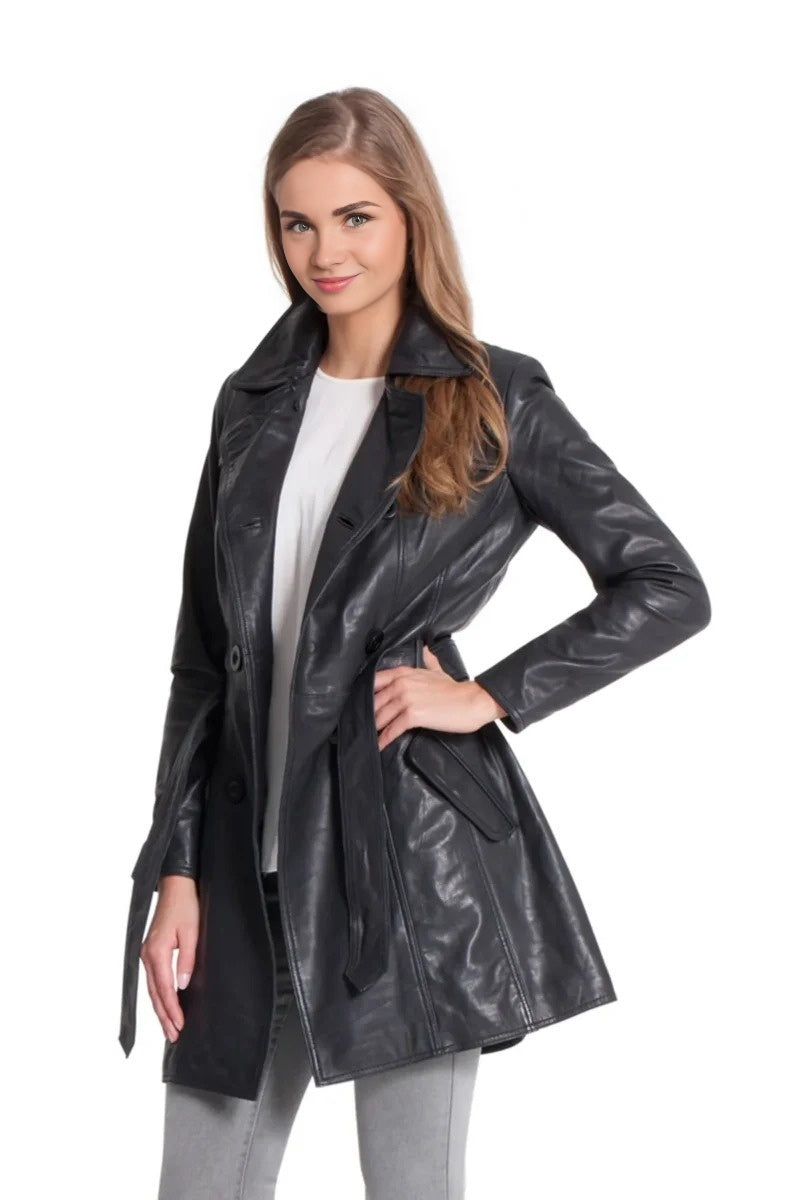 Betty Black Trench Leather Coat  For Women