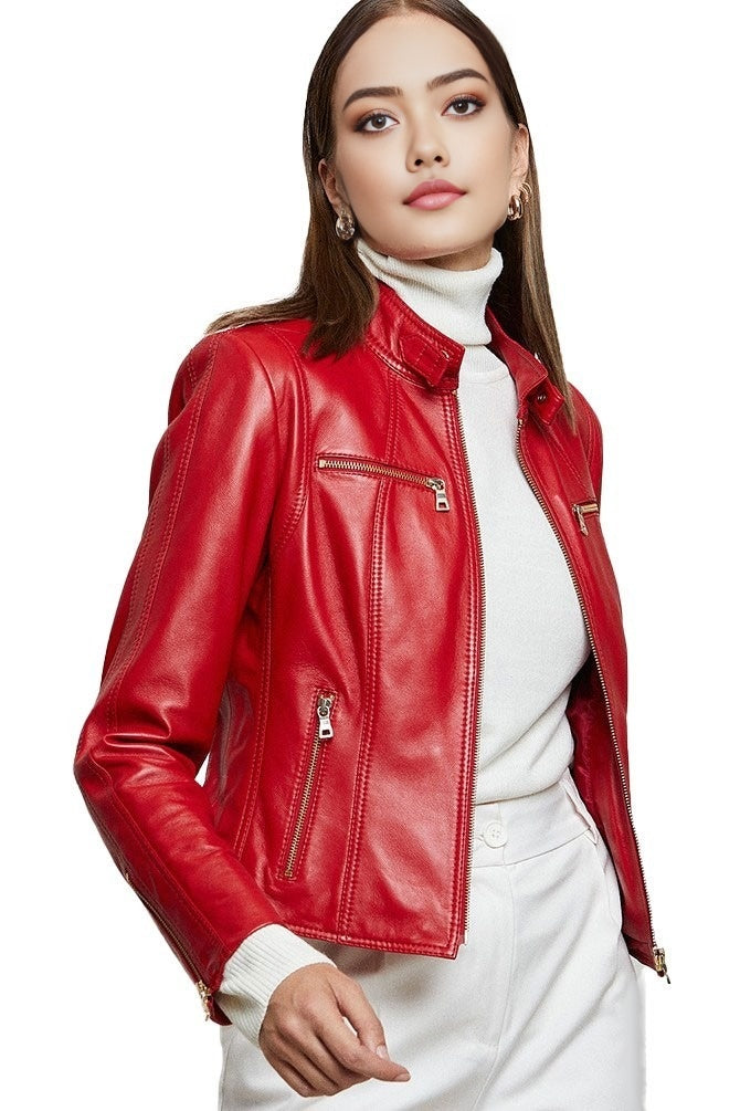 Mary Red Cafe Rider Leather Jacket For Women