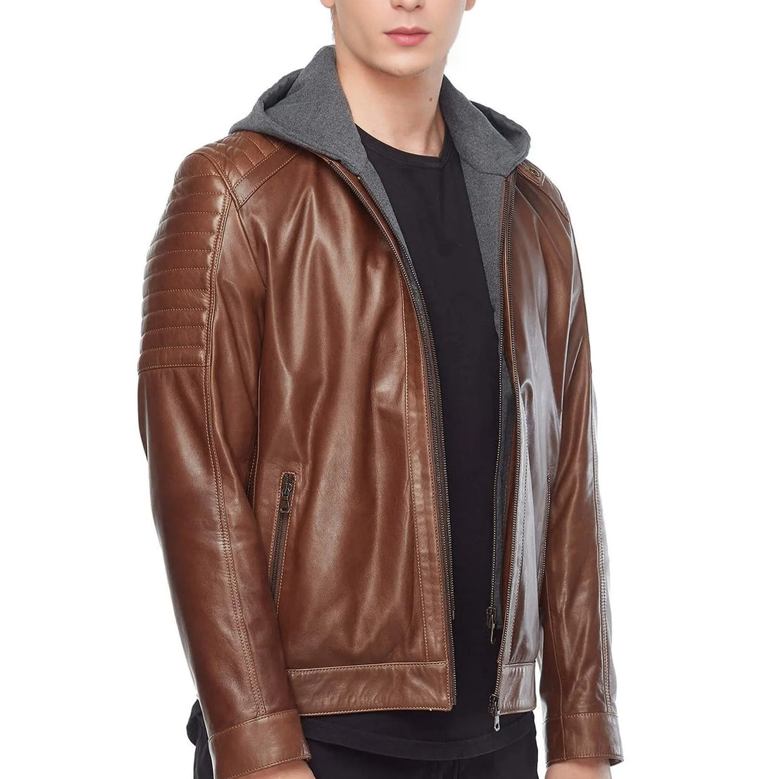 Jonathan Brown Leather Jacket For Men With Hood