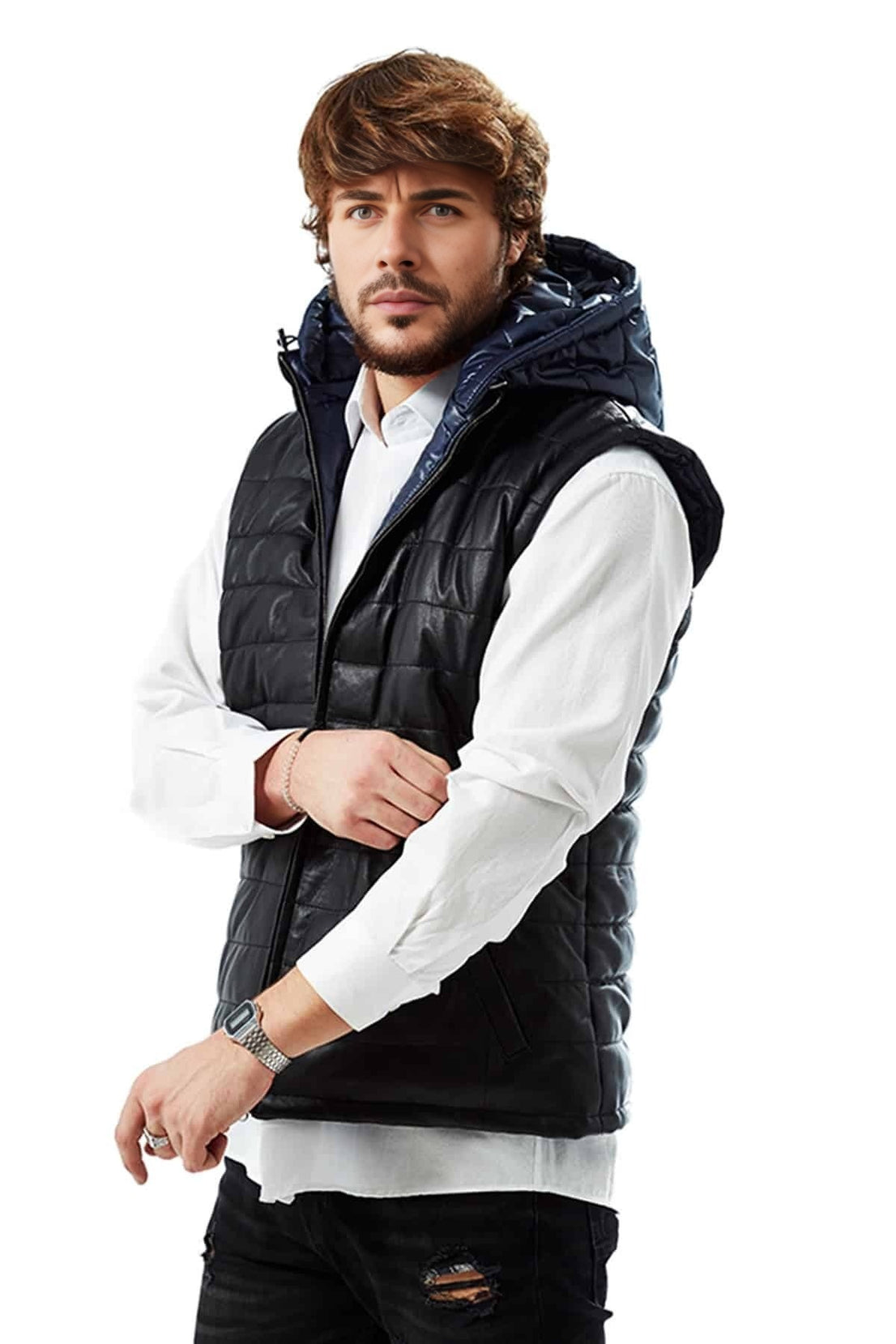 John Navy Blue Hooded Leather Vest For Men