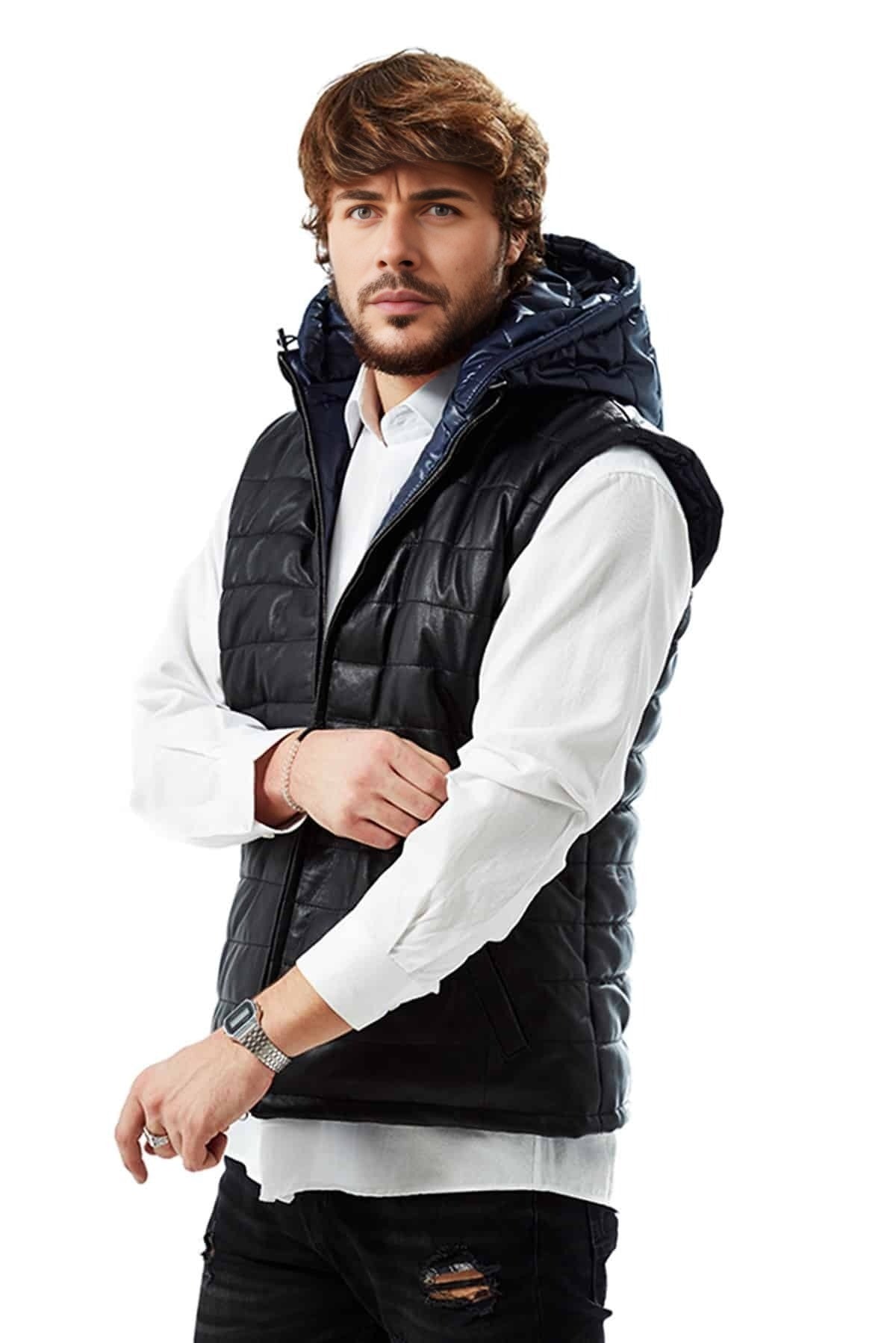 John Navy Blue Hooded Leather Vest For Men