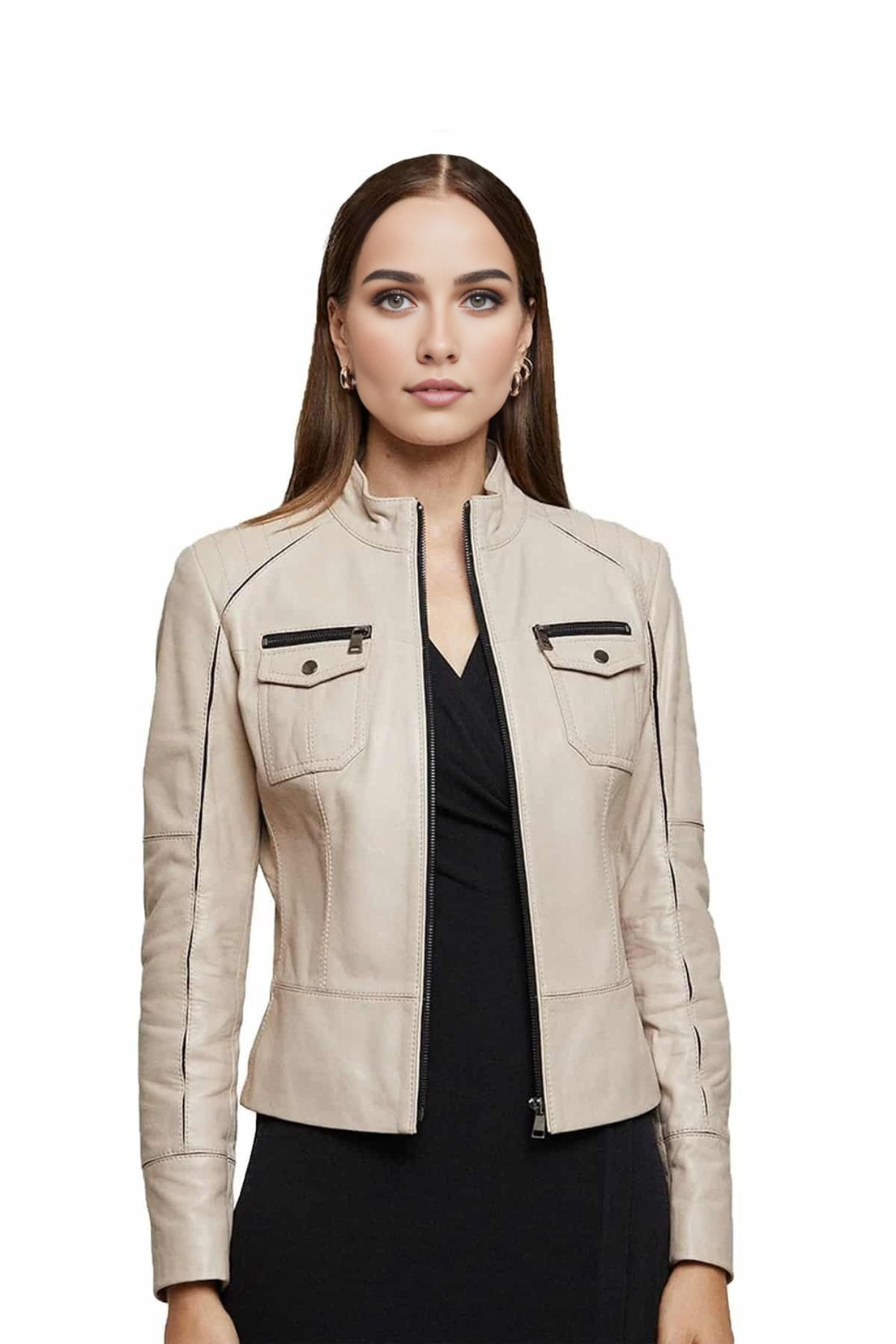 Meghan Beige Leather Jacket For Women
