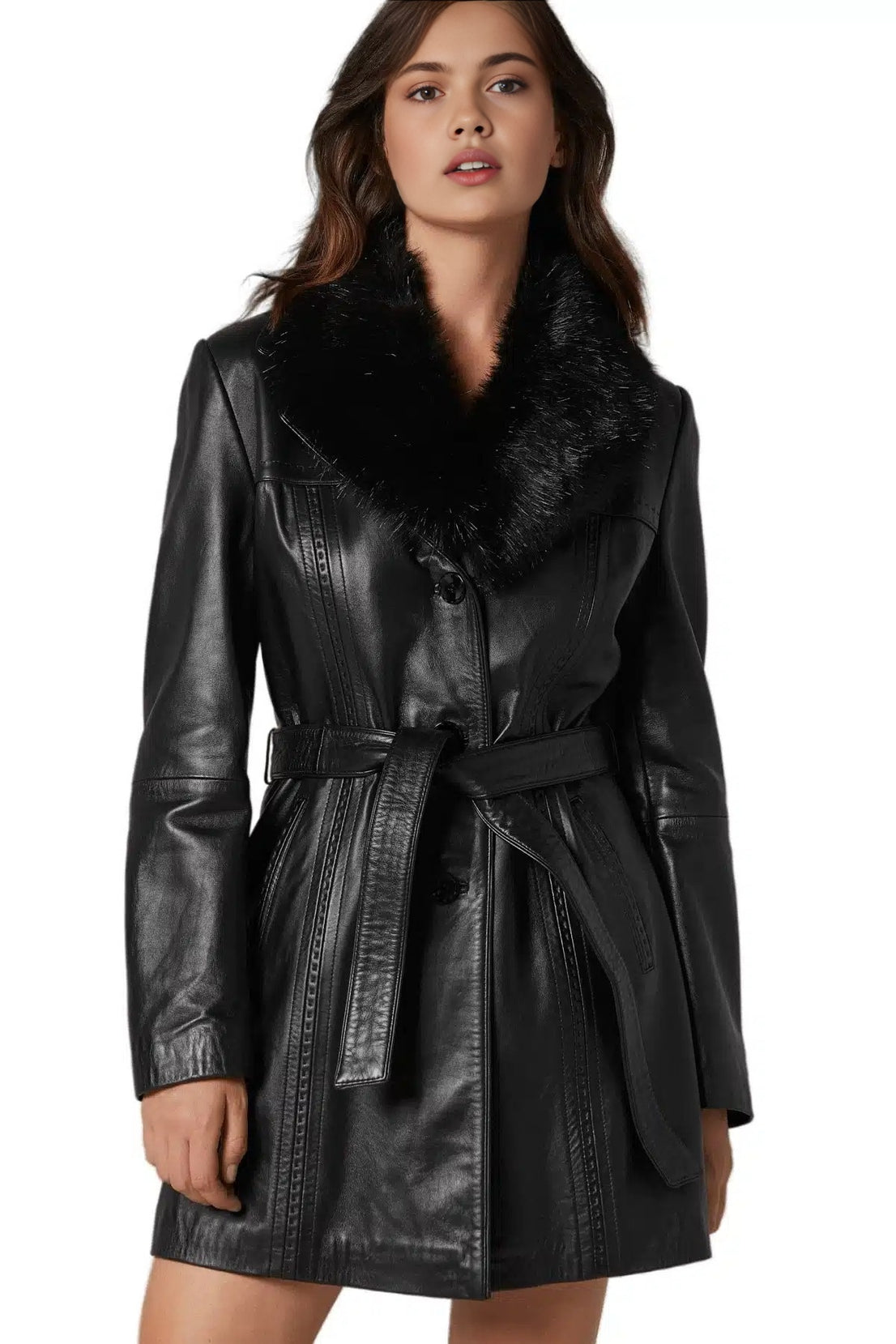 Christine Black Trench Leather Coat For Women