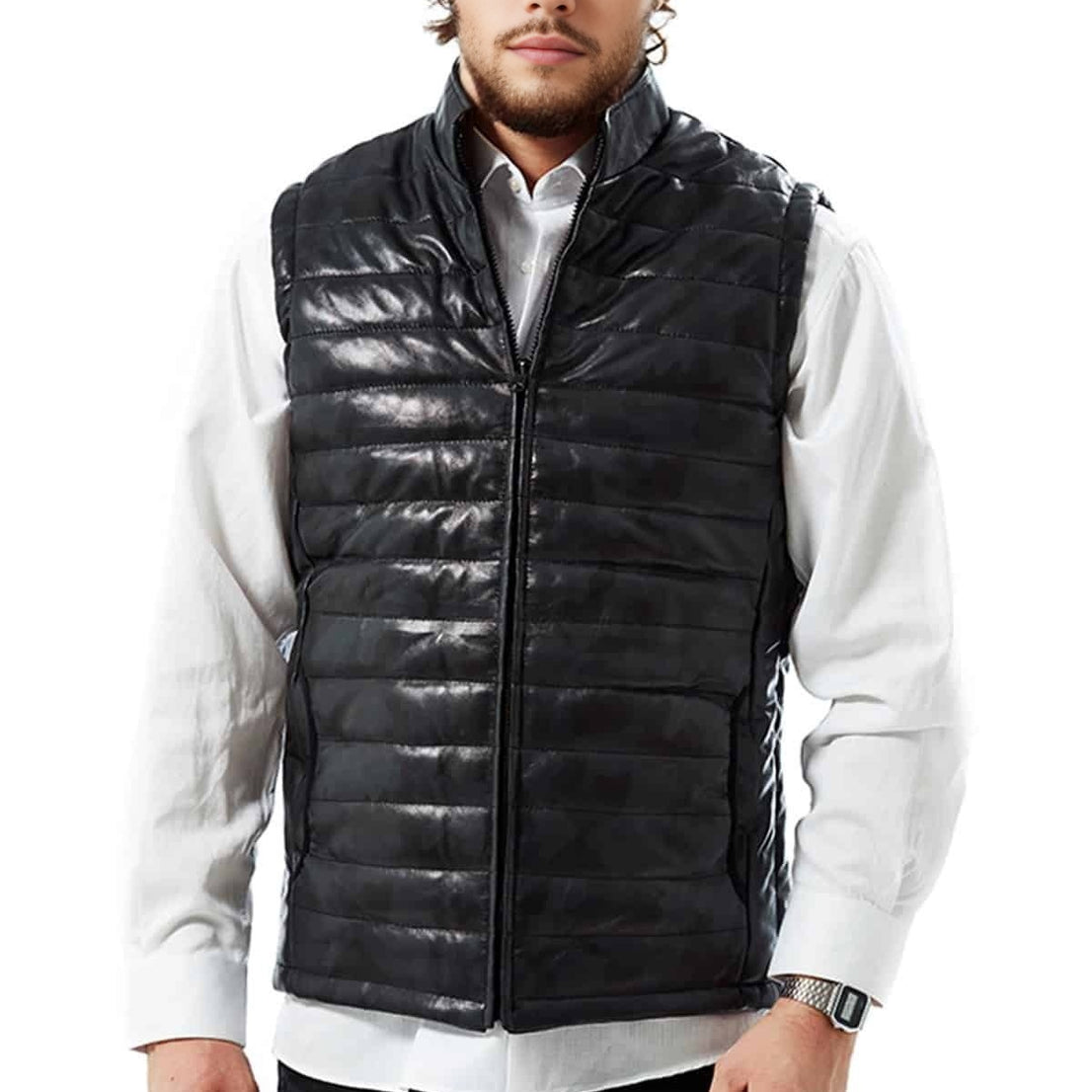 William Black Leather Vest For Men