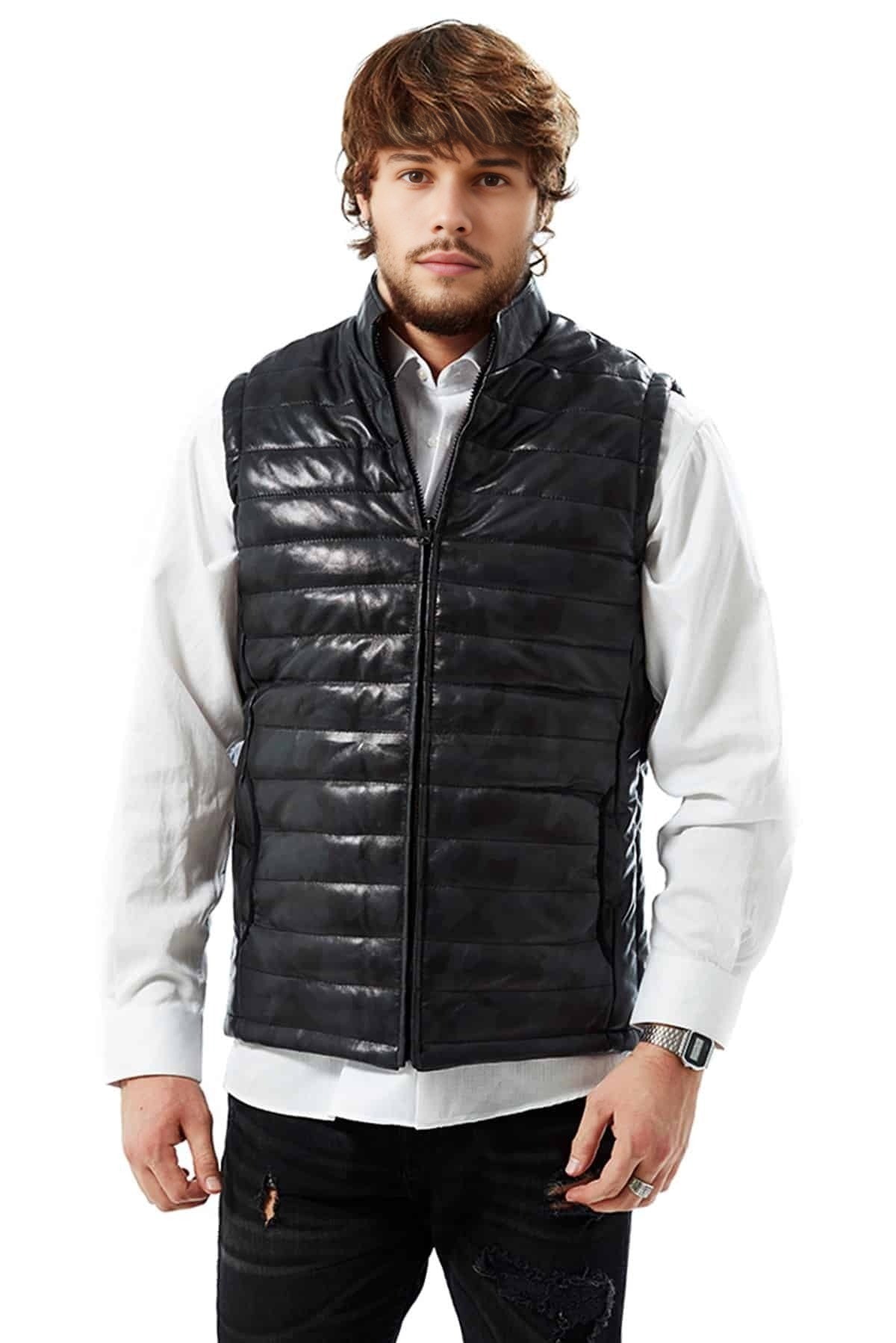 William Black Leather Vest For Men