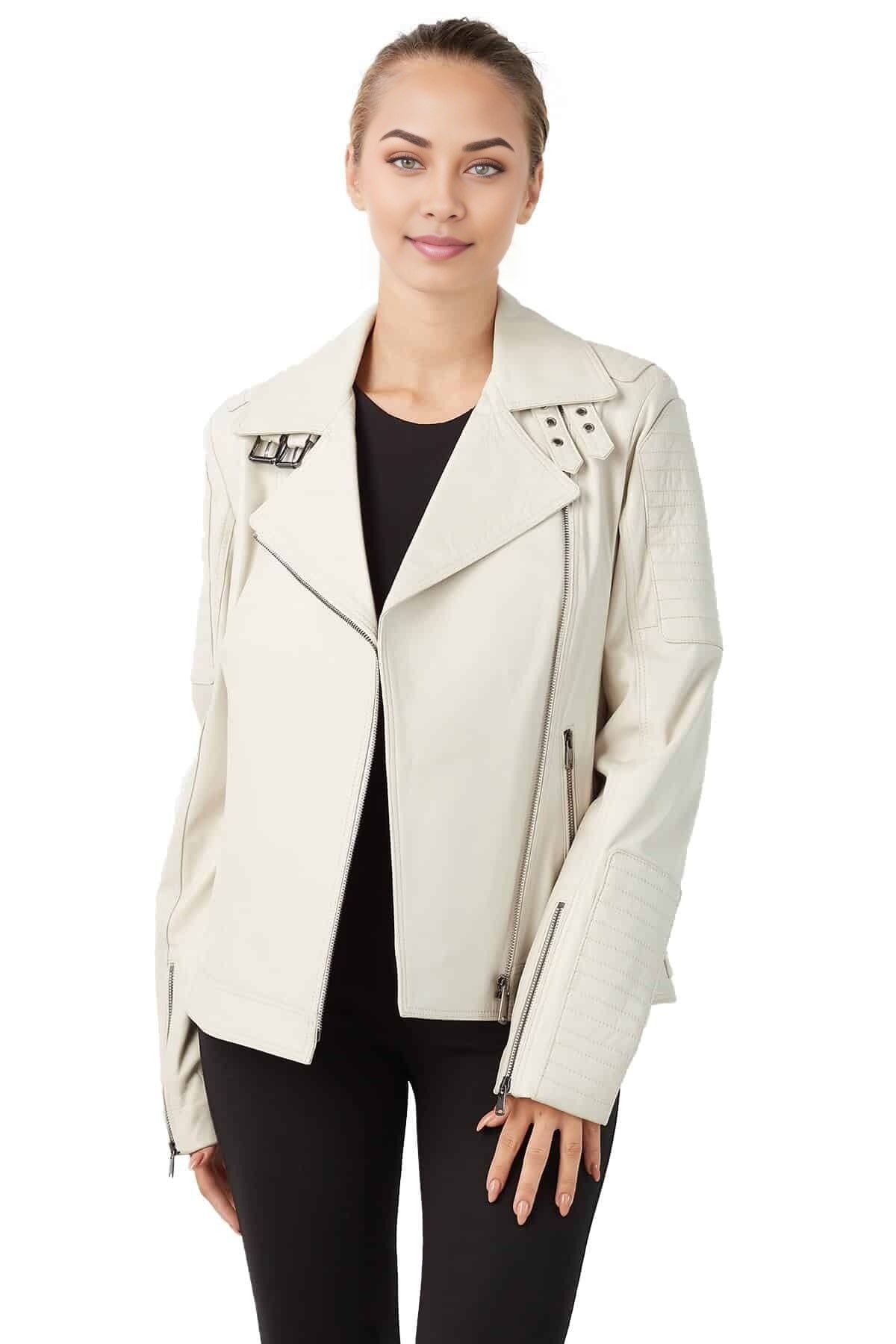 Alaina Beige Blazer Leather Jacket For Women