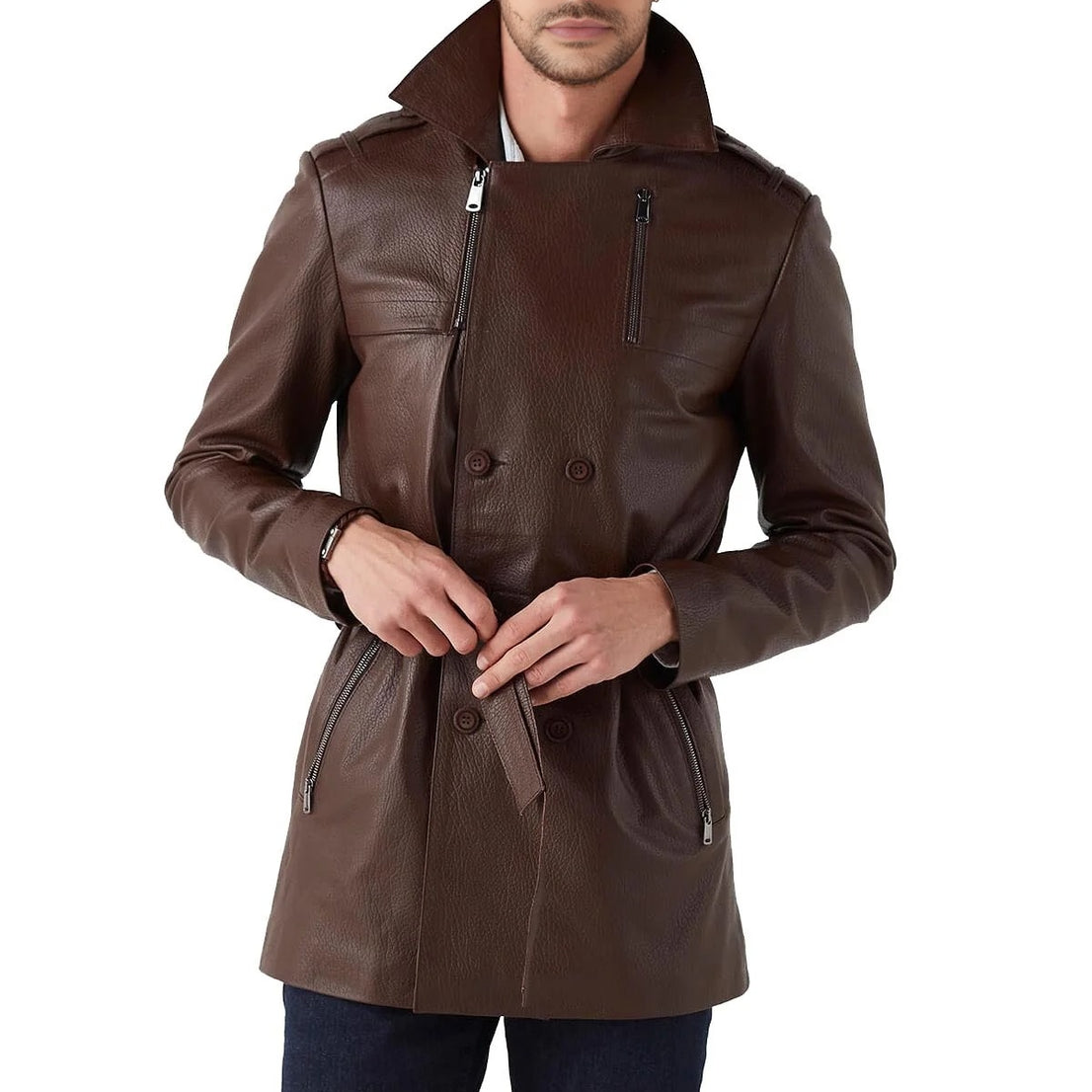 Willie Brown Trench Leather Coat For Men