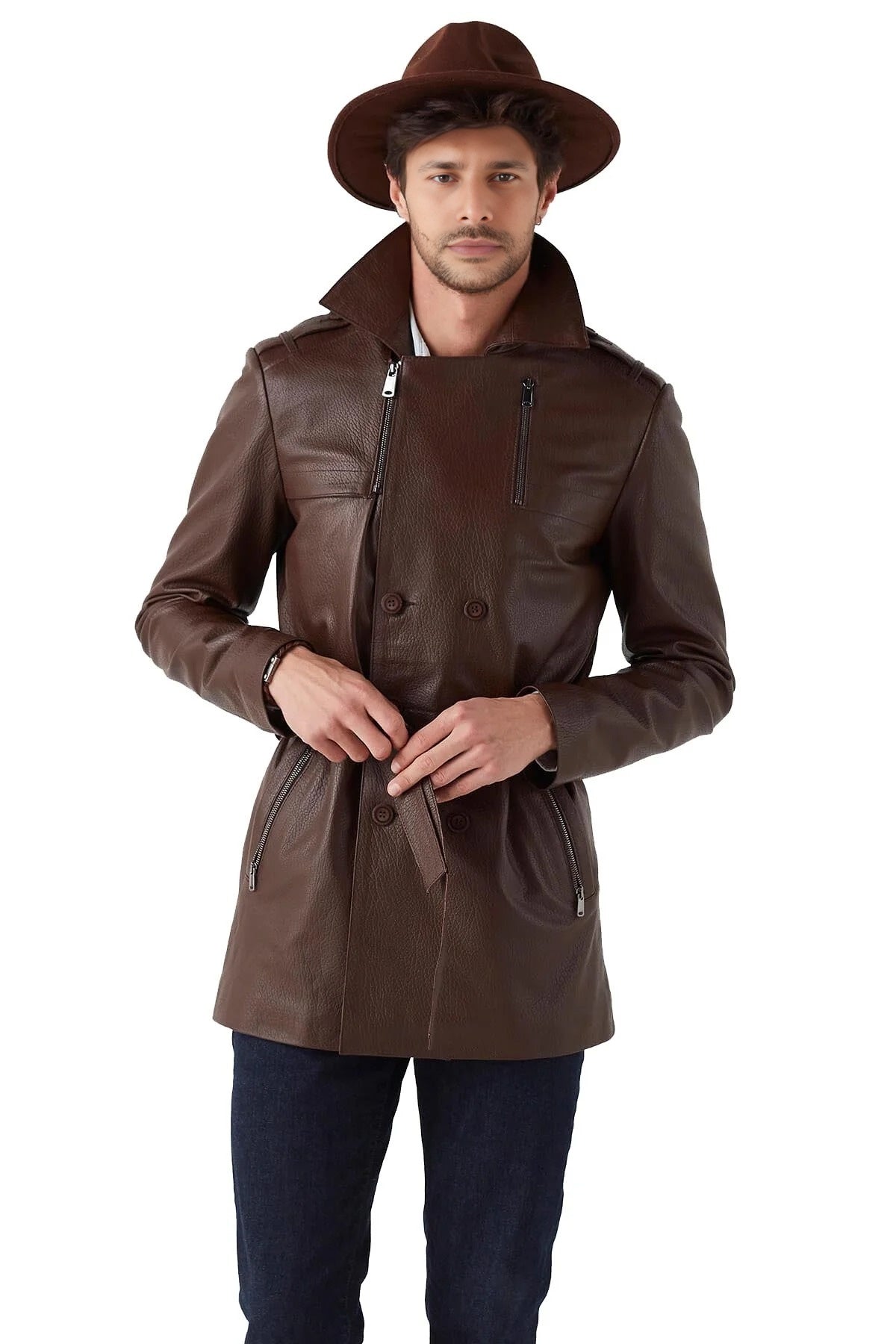 Willie Brown Trench Leather Coat For Men