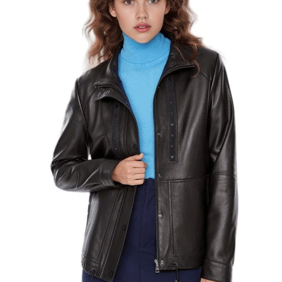 Aubree Black Unique Design Leather Jacket For Women