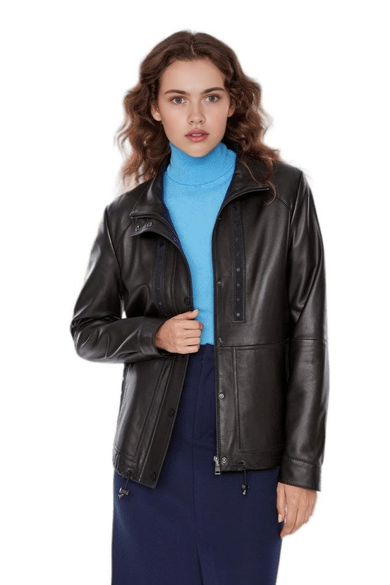 Aubree Black Unique Design Leather Jacket For Women