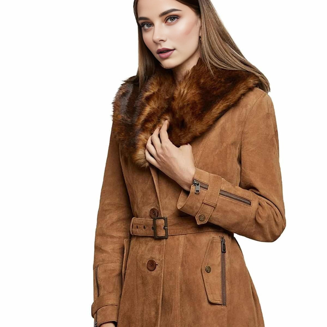 Delilah Brown Original Fur Collar Leather Coat For Women