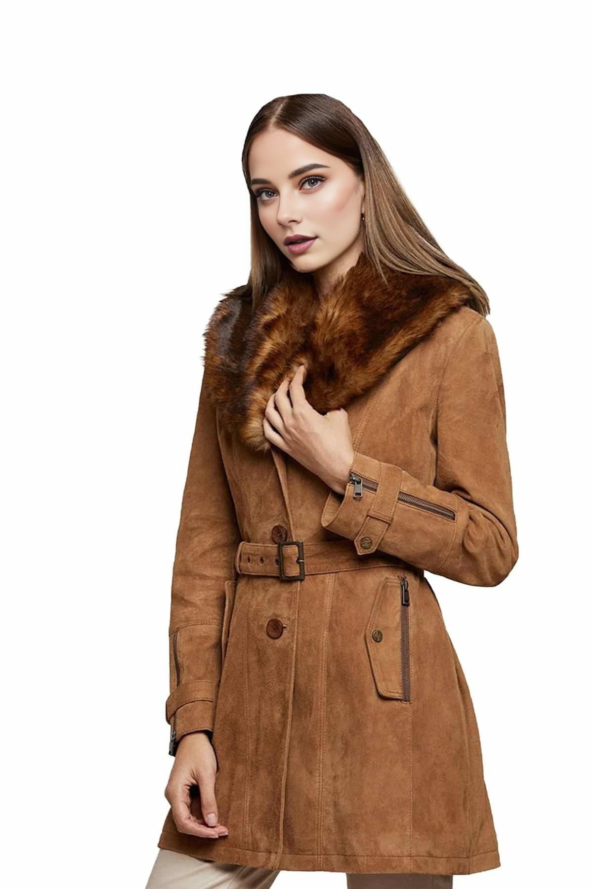 Delilah Brown Original Fur Collar Leather Coat For Women