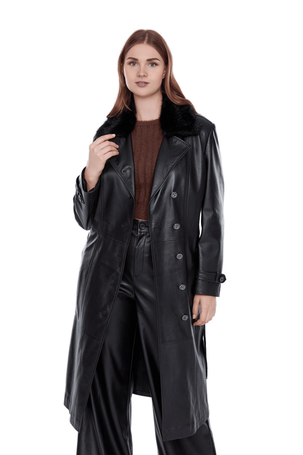 Hadley Black Trench Long Leather Coat For Women