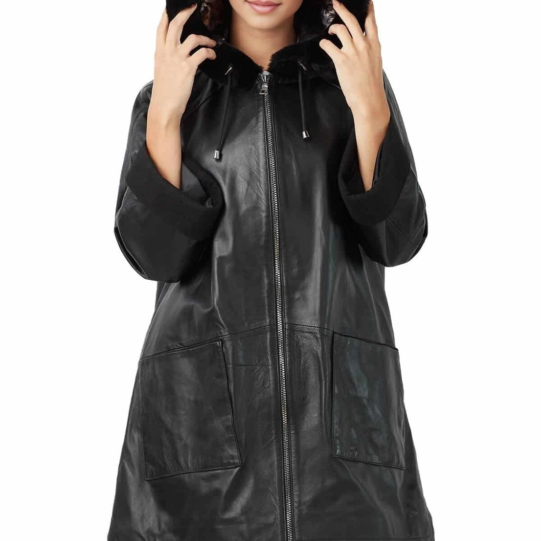 Queen Black Fur Hooded Leather Coat For Women