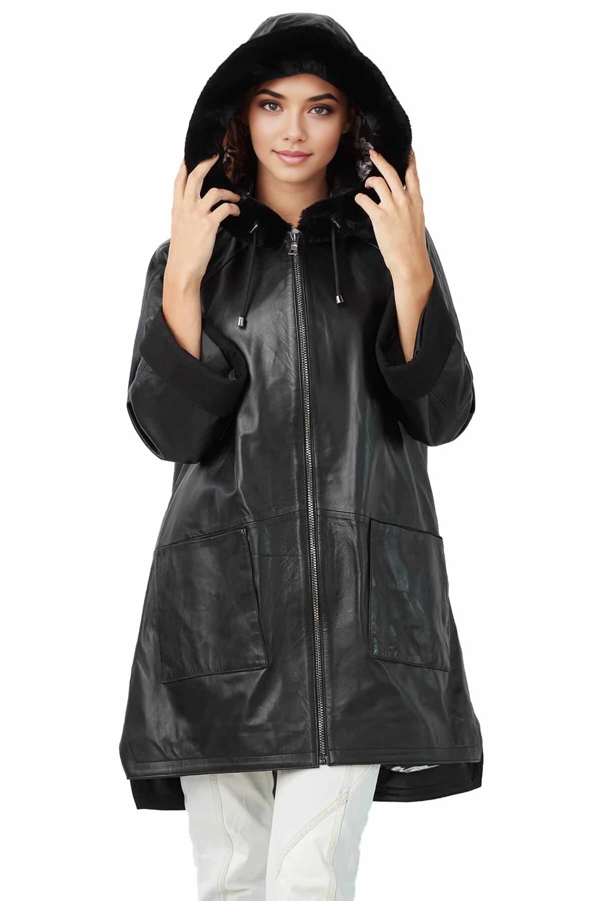 Queen Black Fur Hooded Leather Coat For Women