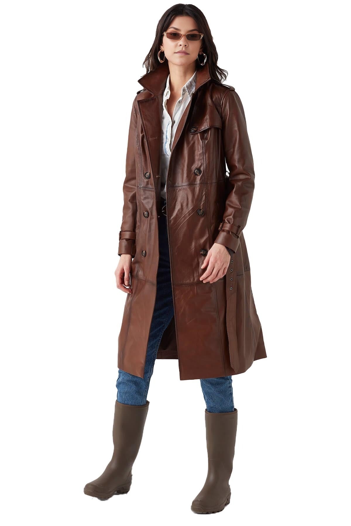 Nova Brown Leather Coat For Women With Center Belt