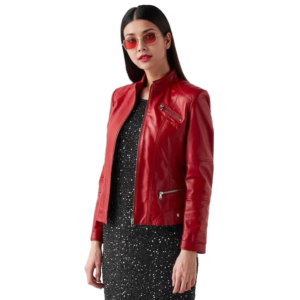 Rabecca Red Motorcycle Leather Jacket For Women