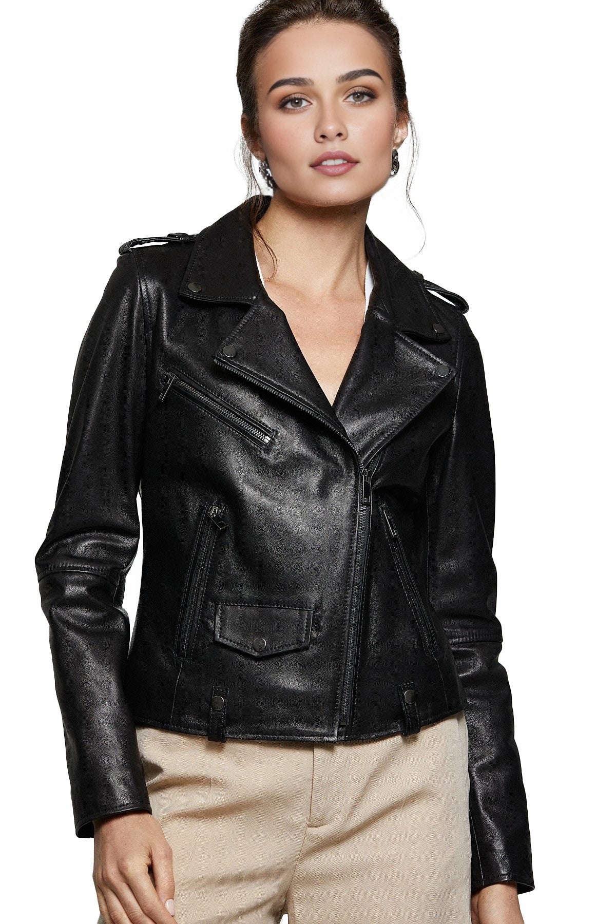 Stella Black Biker Leather Jacket For Women