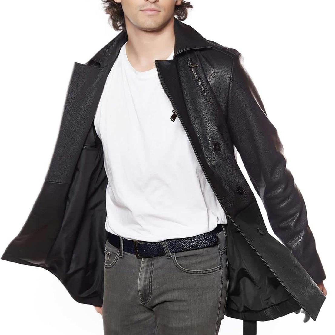 Vincent Black Trench Leather Coat For Men