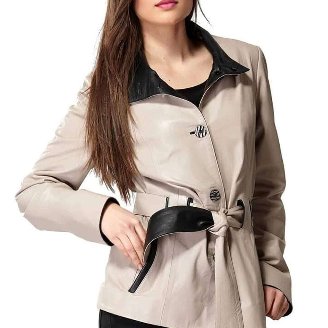 Brianna Pearl Bush & Black Leather Coat For Women