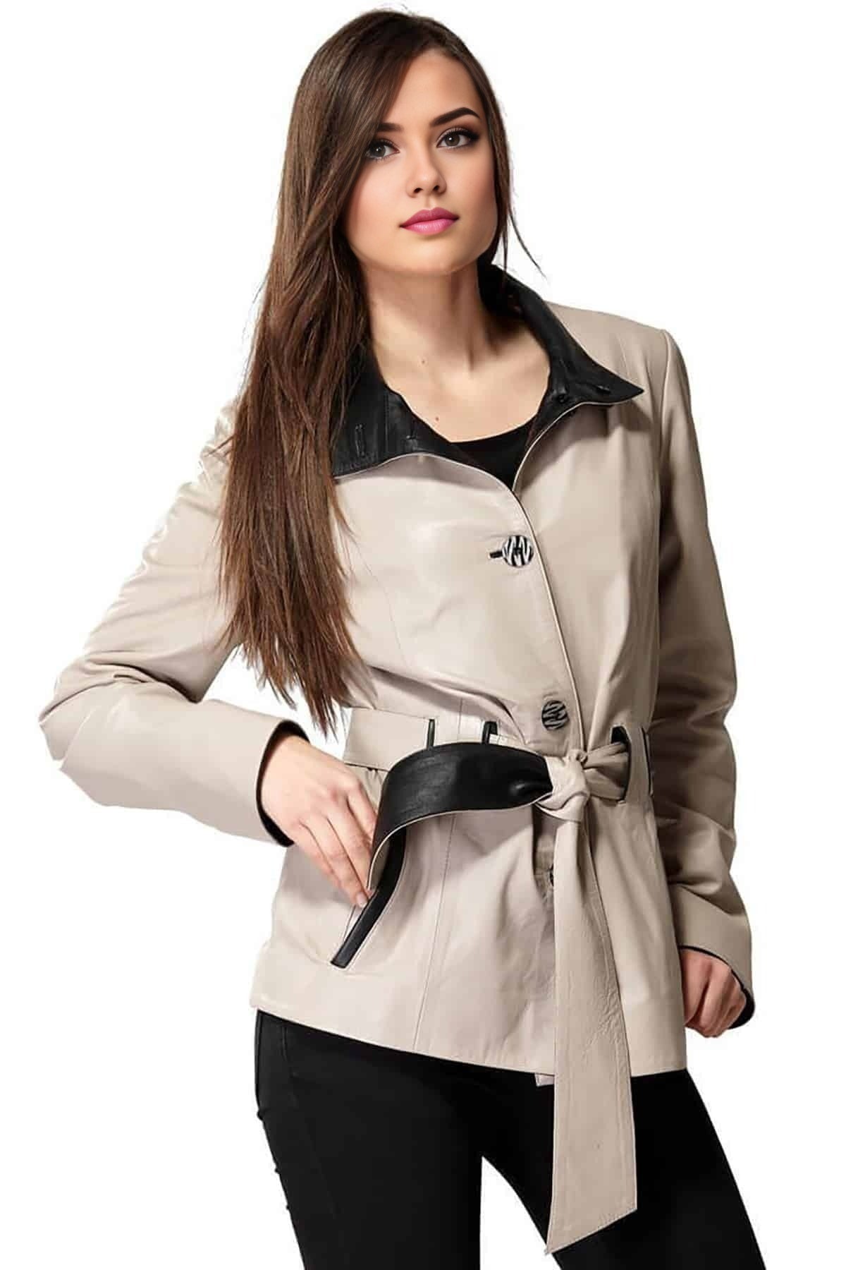 Brianna Pearl Bush & Black Leather Coat For Women