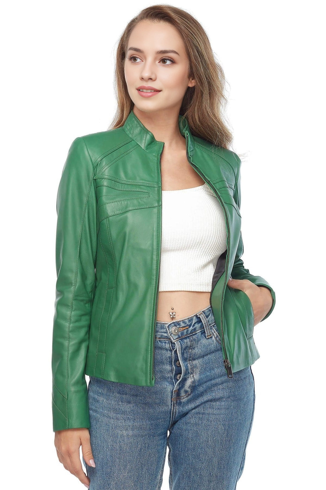 Melody Green Biker Leather Jacket For Women