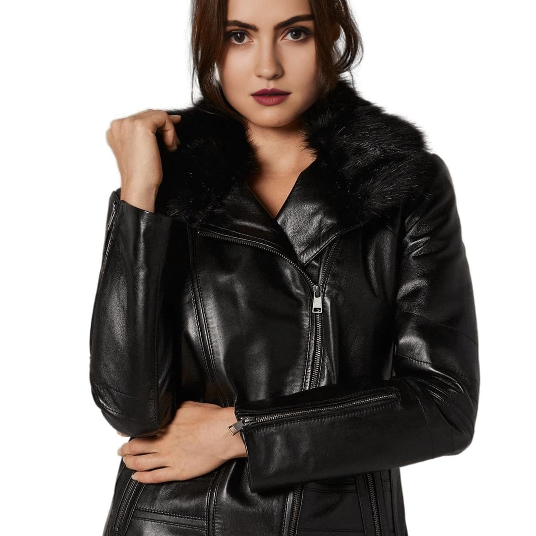 Juniper Black Fur Collar Leather Jacket For Women