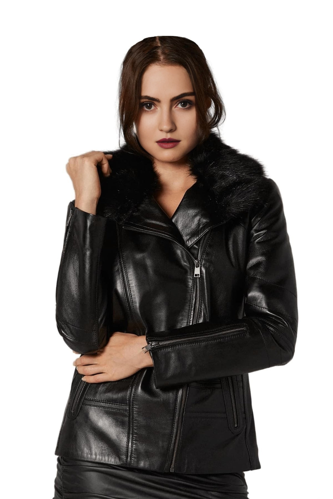 Juniper Black Fur Collar Leather Jacket For Women