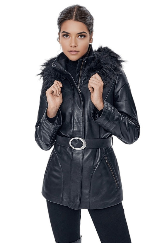 Angela Black Leather Fur Collar Short Belted Trench Coat For Women