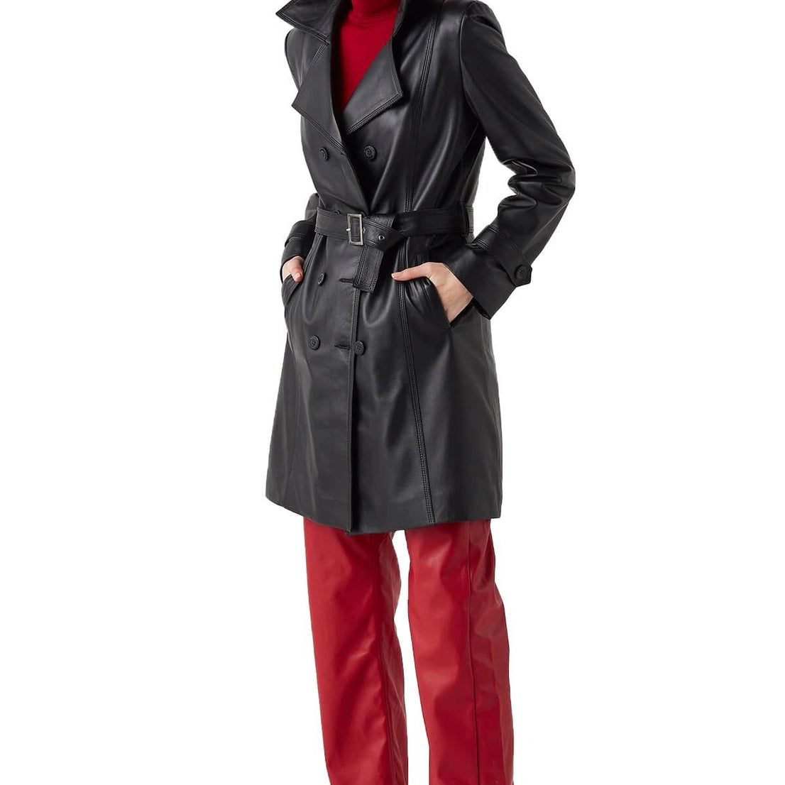 Keighley Black Trench Long Leather Coat For Women