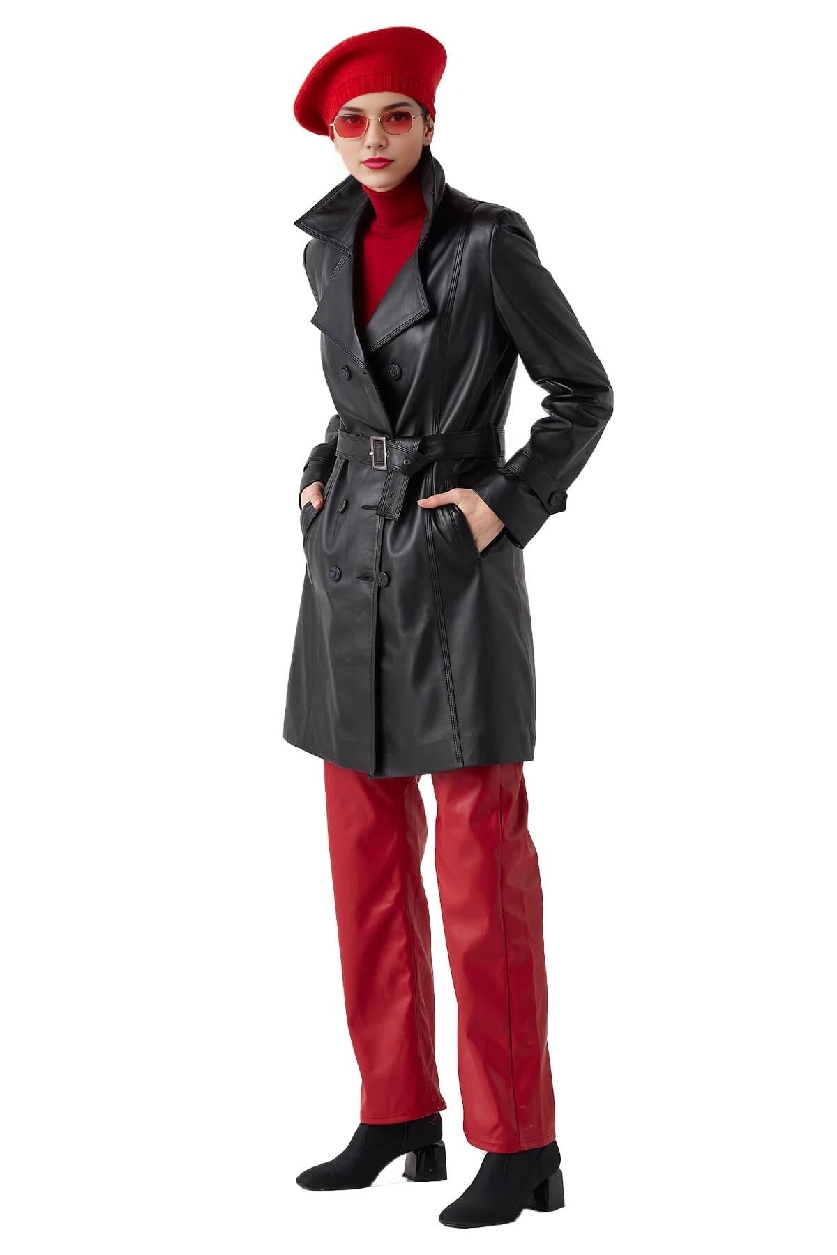 Keighley Black Trench Long Leather Coat For Women